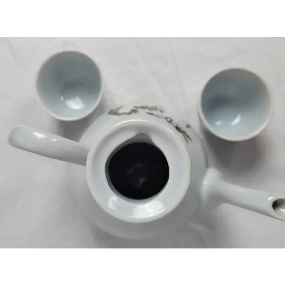 Vintage Japanese Porcelain Teapot with Cups, Birds, Tree, and Signature
